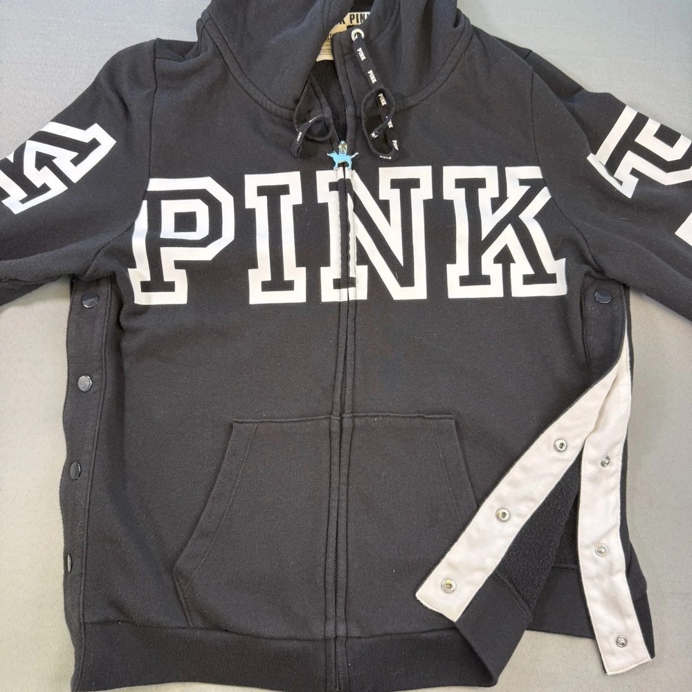 PINK Womens Hoodie Black Color Dog Zip Up Side Snaps Size Large EUC